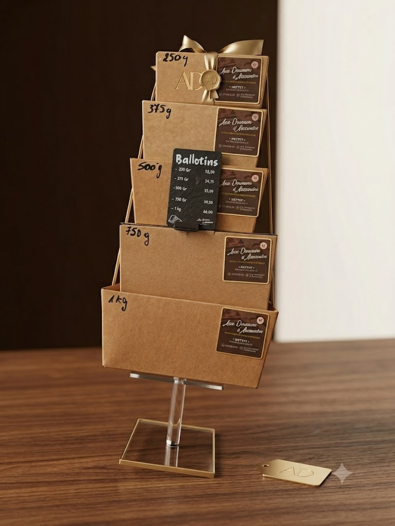 Présentoir exposant les différents formats de ballotins de chocolats et pralines artisanales de 250 g à 1 kg.