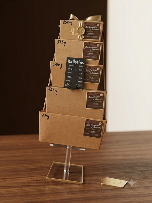 Présentoir exposant les différents formats de ballotins de chocolats et pralines artisanales de 250 g à 1 kg.
