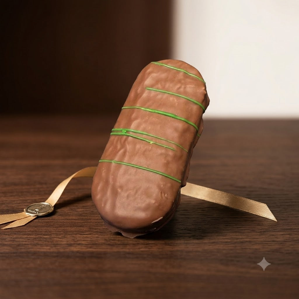 Barre de chocolat façon Dubaï enrobée de chocolat au lait avec liserés verts, fourrée pistache et kadaïf.