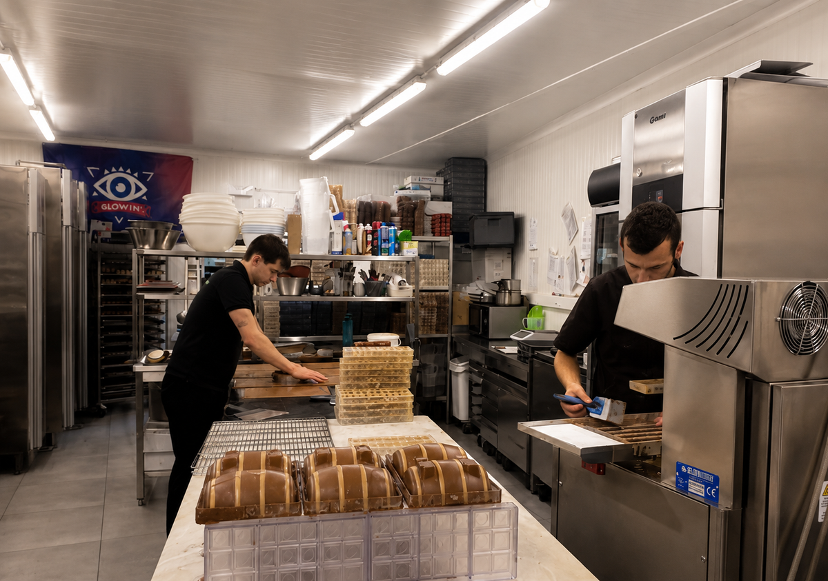 Chocolatiers artisans au travail dans leur atelier utilisant une tempéreuse à chocolat et des moules artisanaux.