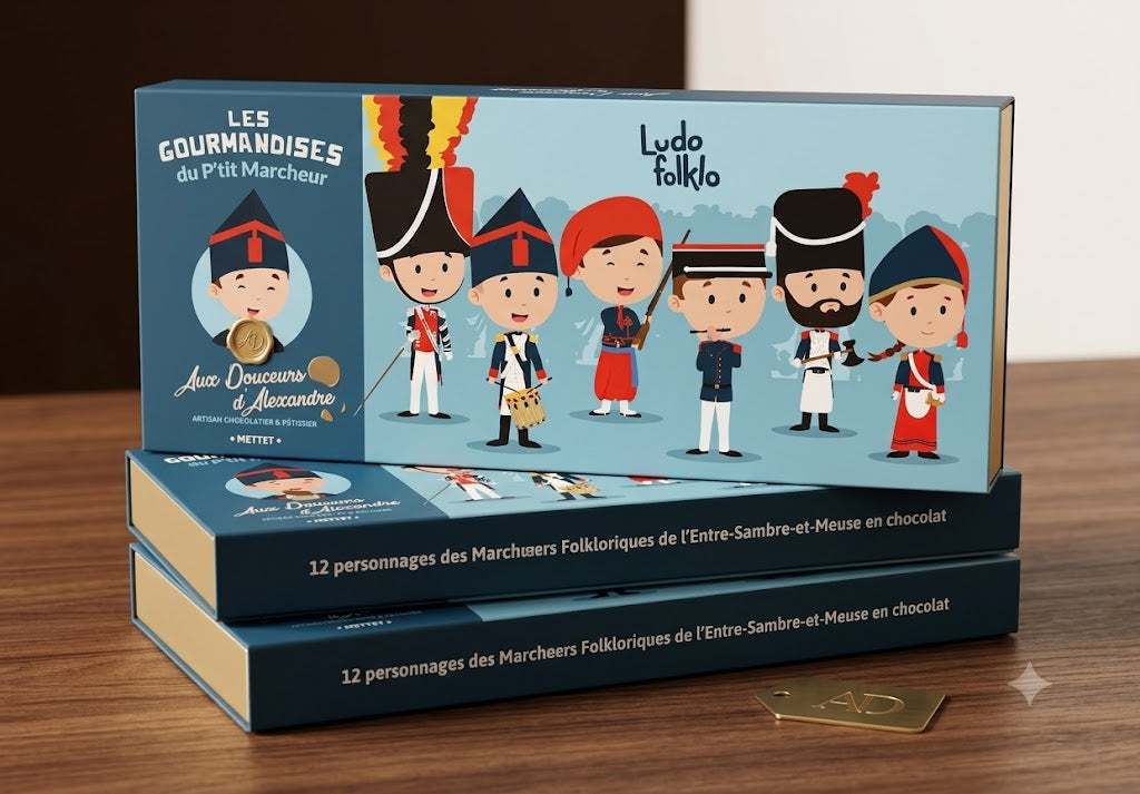 Coffret de chocolats Les Gourmandises du P'tit Marcheur illustré de 12 figurines des Marches Folkloriques de l'Entre-Sambre-et-Meuse.