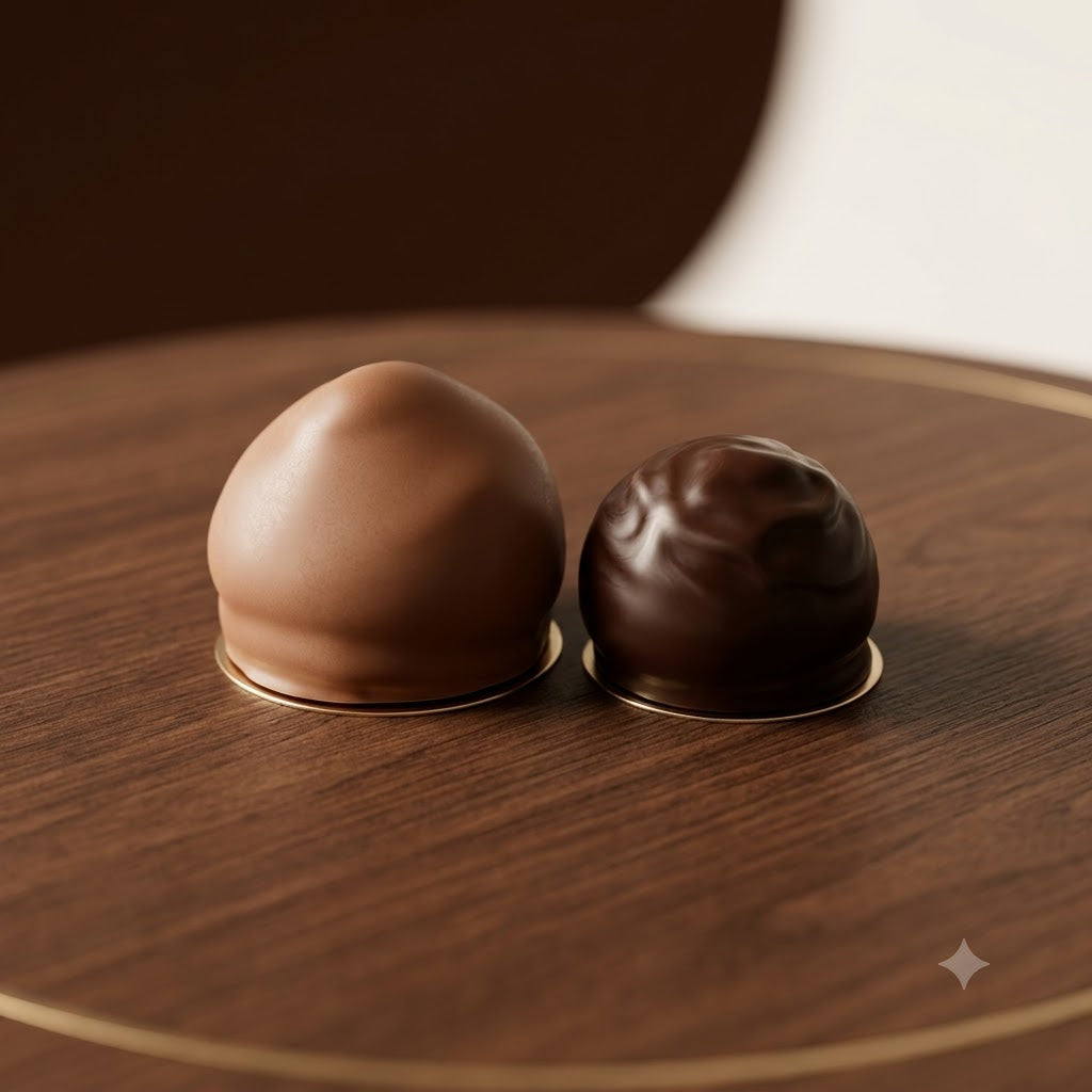 Duo de melo-cakes artisanaux enrobés de chocolat au lait et de chocolat noir sur socle en bois.