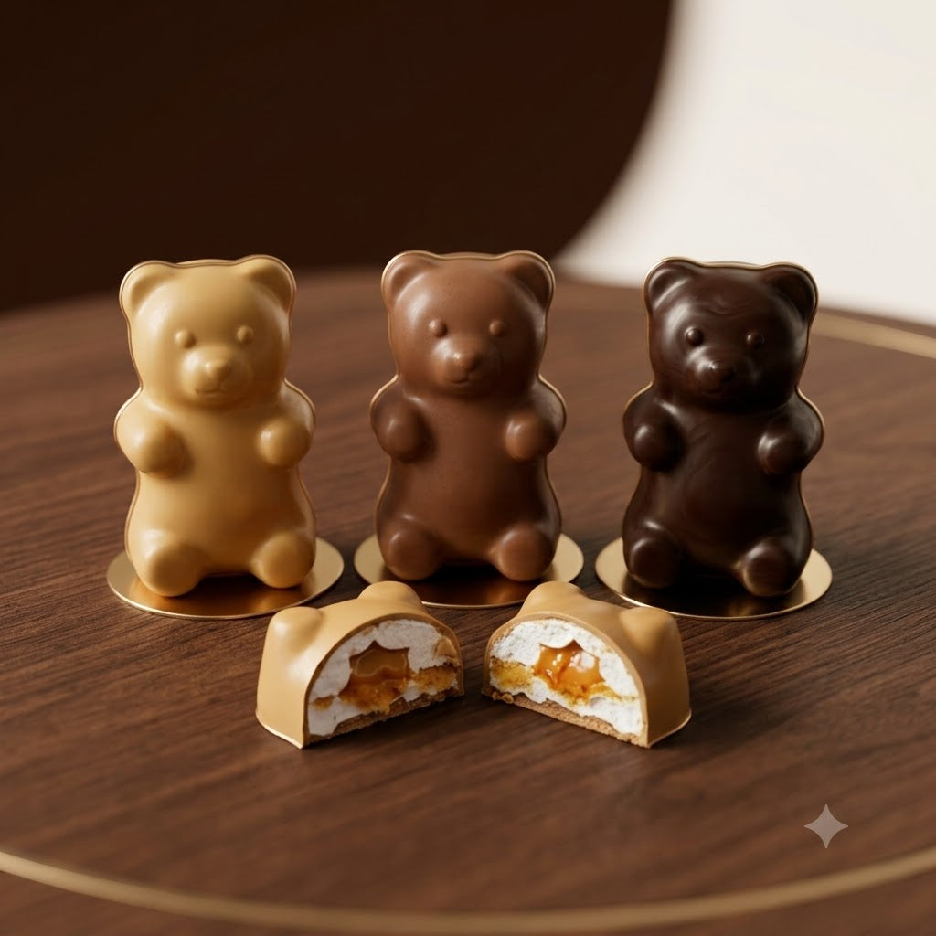 Trio d'oursons artisanaux en chocolat blond, au lait et noir, avec coupe révélant un cœur guimauve et caramel coulant.