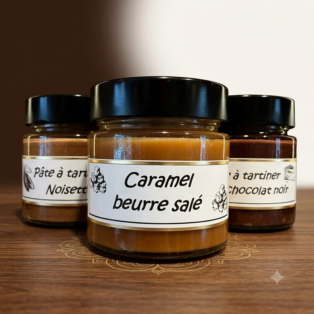 Trio de pots de pâtes à tartiner artisanales : caramel beurre salé, noisette et chocolat noir.