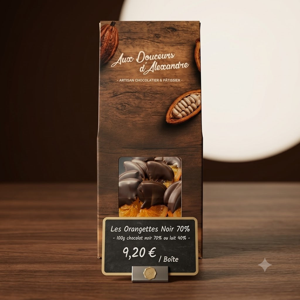 Sachet d'orangettes confites enrobées de chocolat noir 70 % artisanal de la chocolaterie Aux Douceurs d'Alexandre.