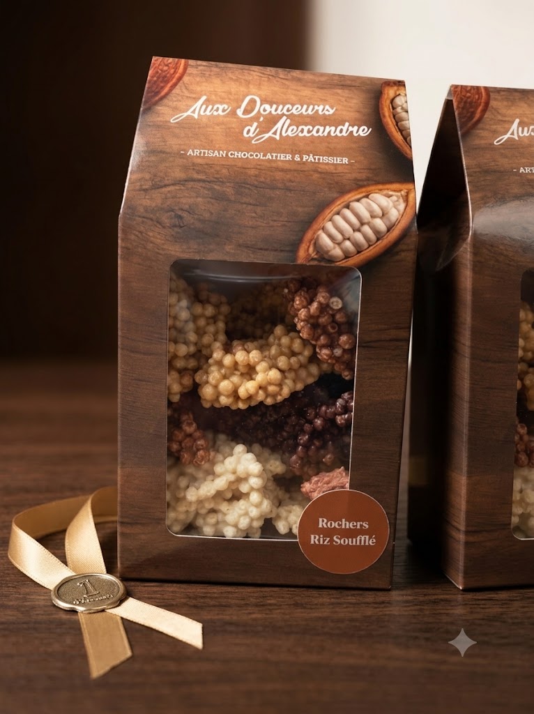 Sachet de rochers au riz soufflé enrobés de chocolat artisanal de la chocolaterie Aux Douceurs d'Alexandre.