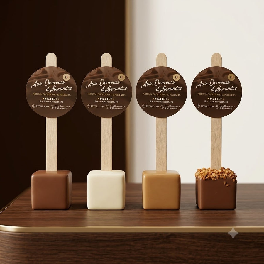 Assortiment de sucettes en chocolat artisanal sur bâtonnet pour chocolat chaud : chocolat au lait, blanc, blond et praliné noisette.