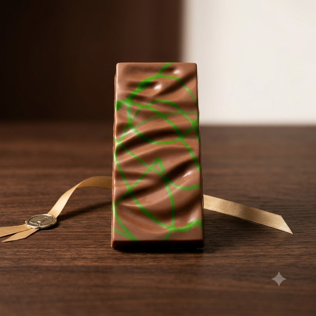 Tablette de chocolat façon Dubaï au chocolat au lait décorée de vert, fourrée à la crème de pistache et kadaïf croustillant.