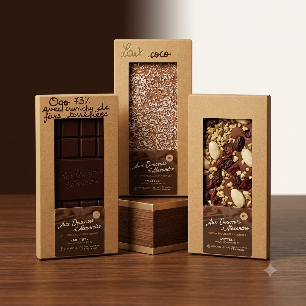 Trio de tablettes de chocolat artisanales : chocolat noir 73 % aux fèves torréfiées, chocolat au lait coco et mendiant aux fruits secs.