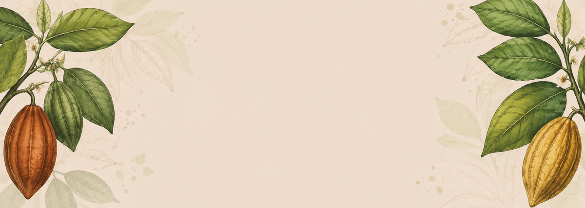 Fond beige avec feuille de cacaotier de part et d'autre.